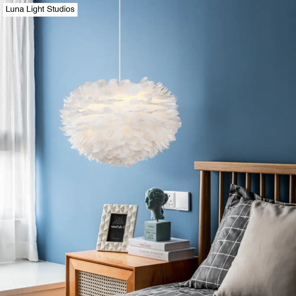 Nordic Style White Feather Chandelier Globe Shaped Hanging Lighting Fixture