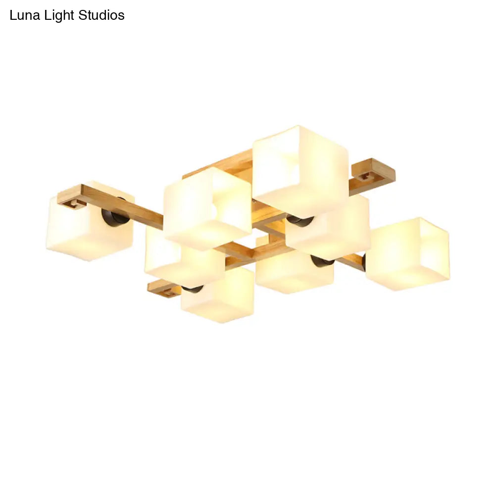 Nordic Style Flush Mount Chandelier With White Glass And Wood Canopy For Living Room Lighting