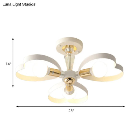 Nordic Style Metal Ceiling Lamp - Heart/Flower Shade White Finish 3/5 Lights For Living Room