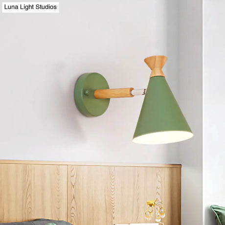 Nordic Style Metal Cone Shade Wall Light: 1-Light Rotatable Bedside Reading Lamp In Blue Green Grey