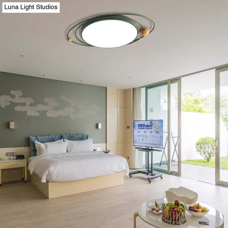 Nordic Style Metal Led Flush Ceiling Light - Drum Lamp With Orbit Design In Green/Grey/White