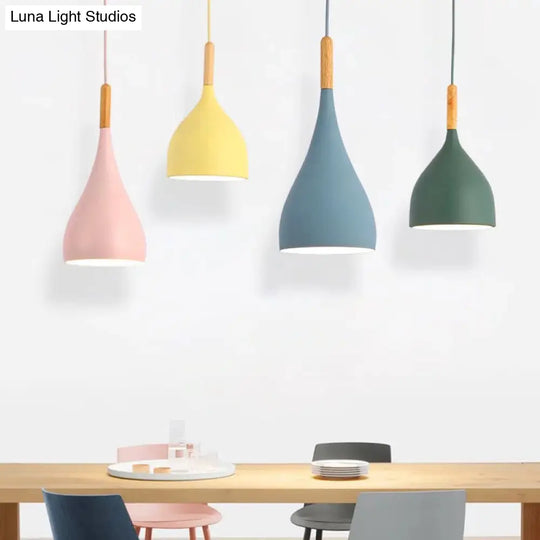 Nordic Style Metal Teardrop Hanging Light With Wooden Top - 1 Pendant Lamp For Restaurants