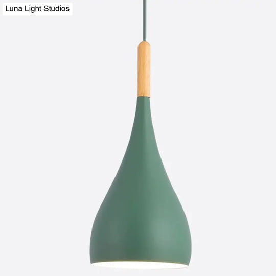 Nordic Style Metal Teardrop Hanging Light - 1 Ceiling Pendant Lamp With Wooden Top Green / 6.5