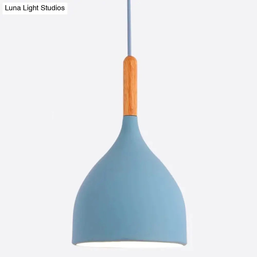Nordic Style Metal Teardrop Hanging Light - 1 Ceiling Pendant Lamp With Wooden Top Blue / 7
