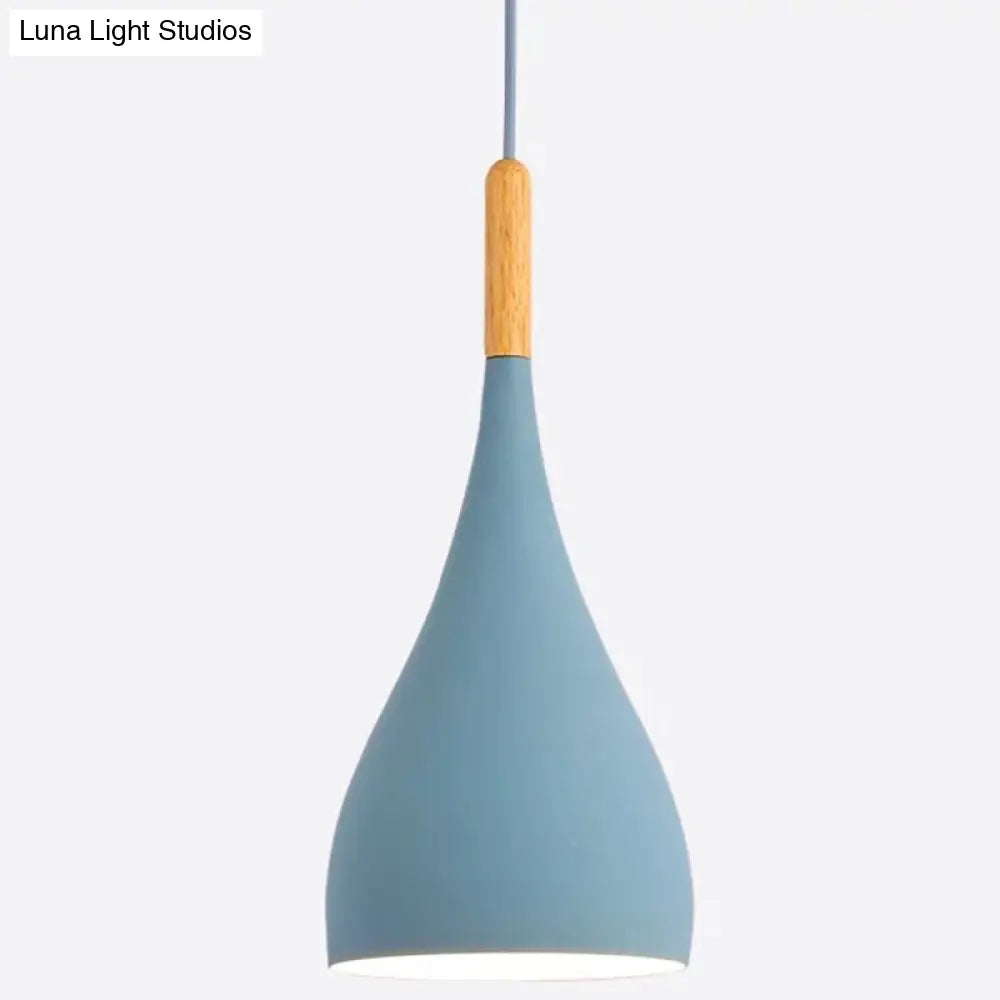 Nordic Style Metal Teardrop Hanging Light - 1 Ceiling Pendant Lamp With Wooden Top Blue / 6.5
