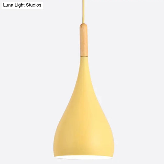 Nordic Style Metal Teardrop Hanging Light - 1 Ceiling Pendant Lamp With Wooden Top Yellow / 6.5