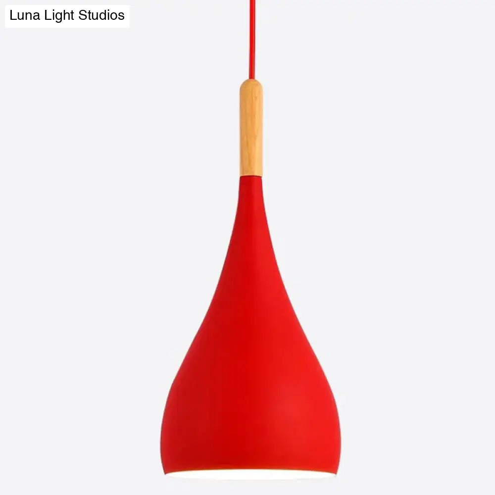 Nordic Style Metal Teardrop Hanging Light - 1 Ceiling Pendant Lamp With Wooden Top Red / 6.5