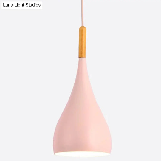 Nordic Style Metal Teardrop Hanging Light - 1 Ceiling Pendant Lamp With Wooden Top Pink / 6.5