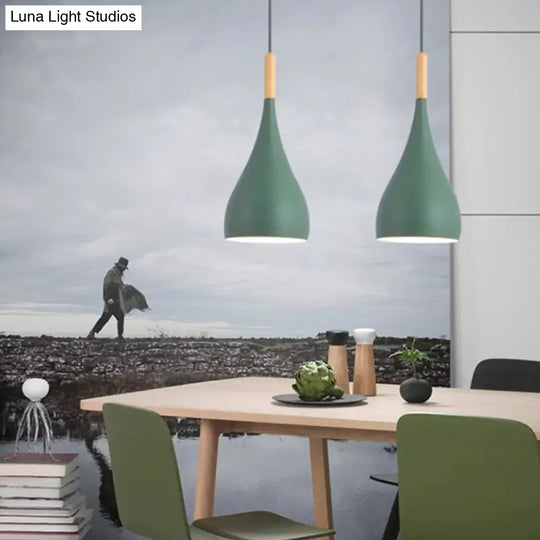 Nordic Style Metal Teardrop Hanging Light - 1 Ceiling Pendant Lamp With Wooden Top