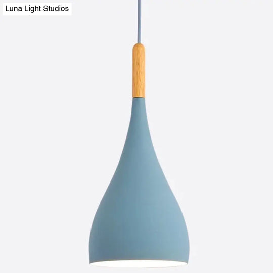 Nordic Style Metal Teardrop Hanging Light With Wooden Top - 1 Pendant Lamp For Restaurants Blue /