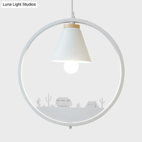 Nordic Style Pendant Lamp With Iron Cone Shade & Paper Cutting Decoration- Black/White 1 Bulb