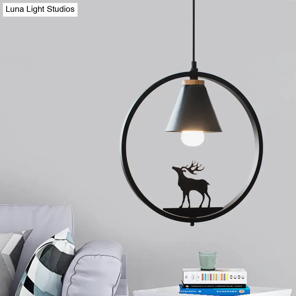 Nordic Style Pendant Lamp With Iron Cone Shade & Paper Cutting Decoration- Black/White 1 Bulb