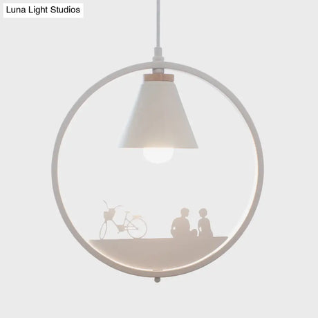 Nordic Style Pendant Lamp With Iron Cone Shade & Paper Cutting Decoration- Black/White 1 Bulb