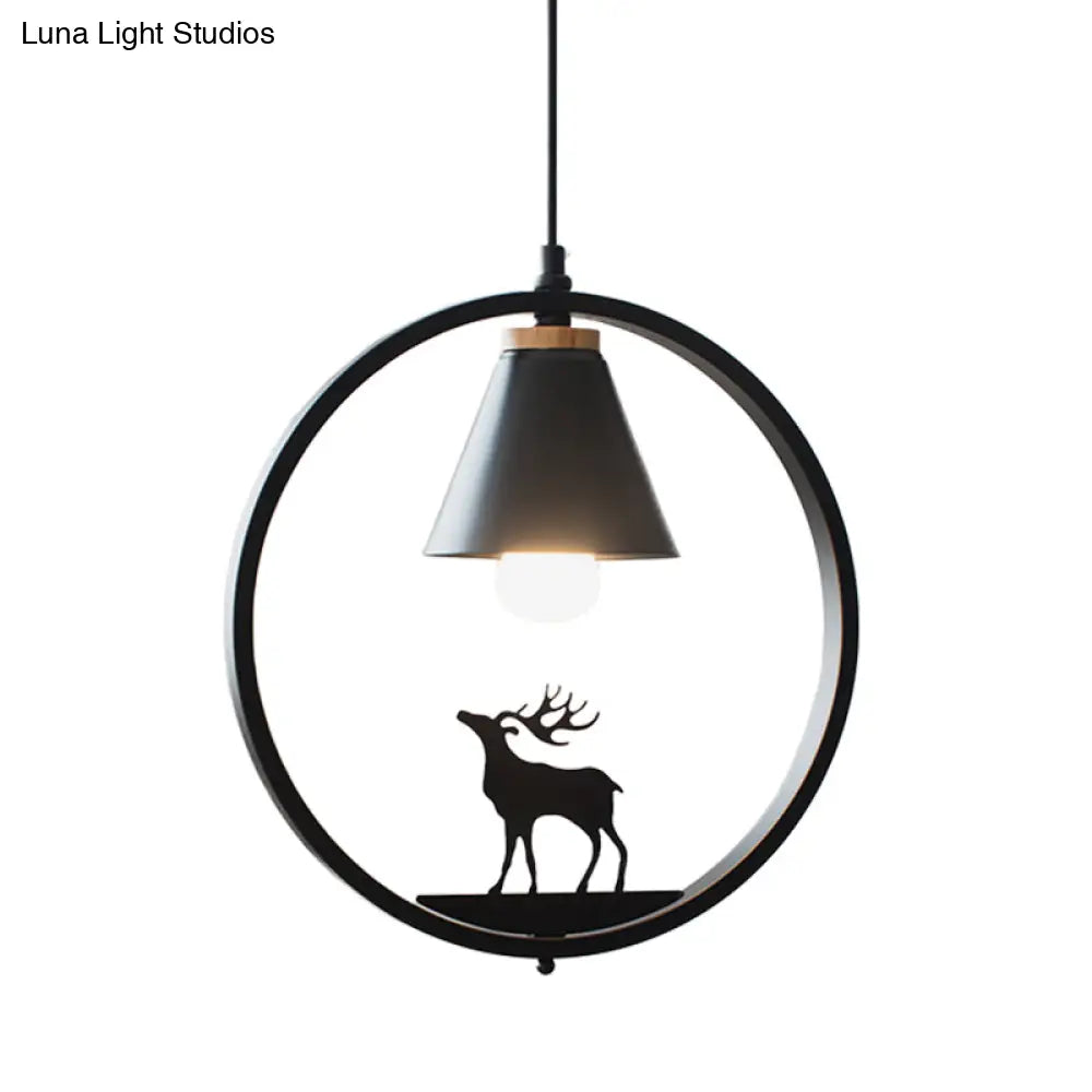 Nordic Style Pendant Lamp With Iron Cone Shade & Paper Cutting Decoration- Black/White 1 Bulb