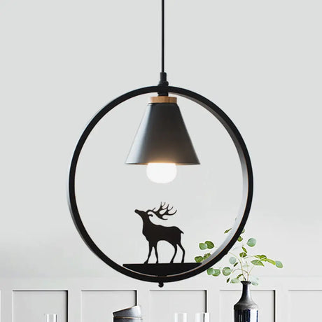 Nordic Style Pendant Lamp With Iron Cone Shade & Paper Cutting Decoration- Black/White 1 Bulb Black