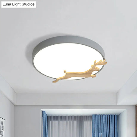 Nordic Style Round Flush Light With Running Deer Pattern - Acrylic Grey/White/Green & Wood Led
