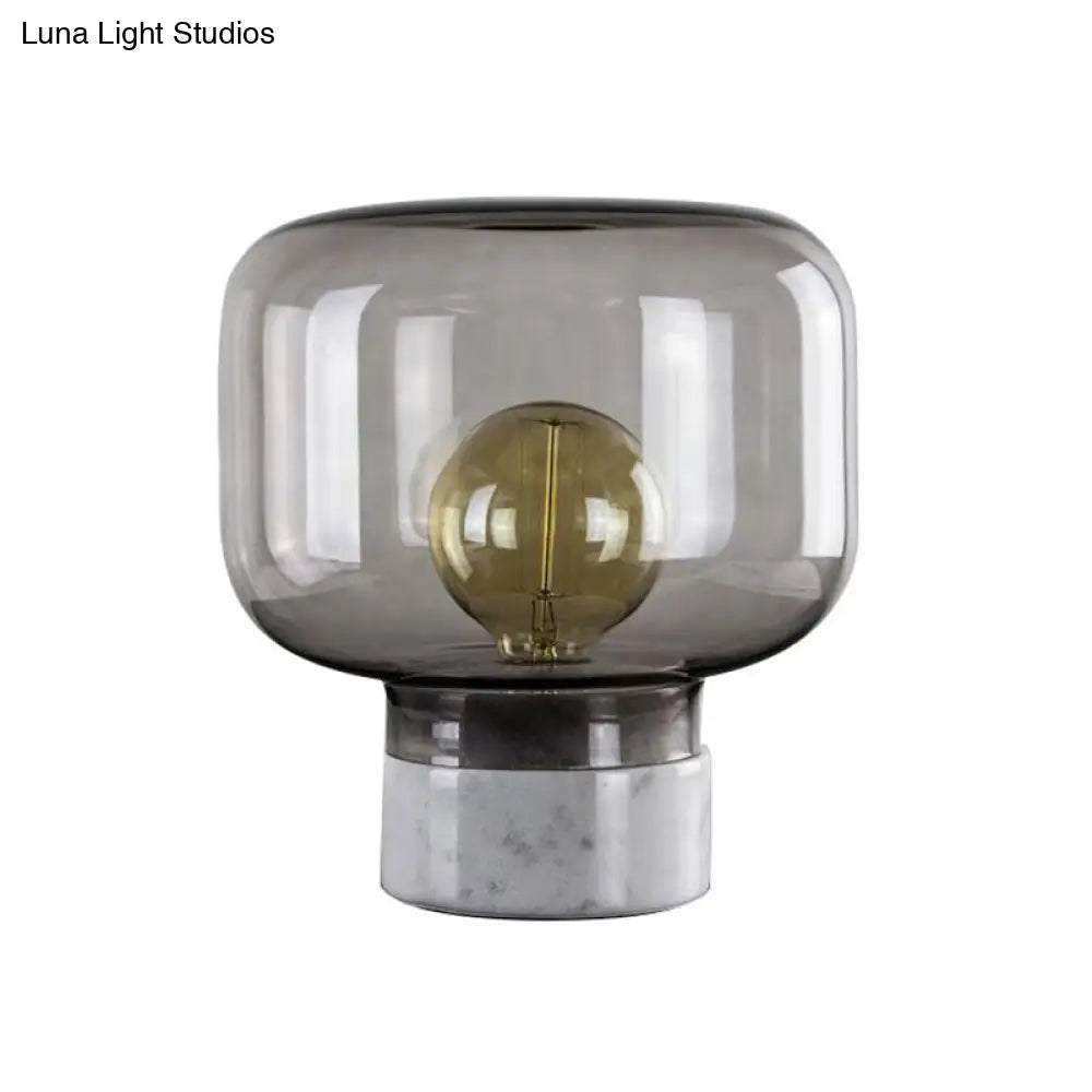 Nordic Style Smoked Glass Drum Table Lamp With Marble Base - 1-Light Nightstand Light