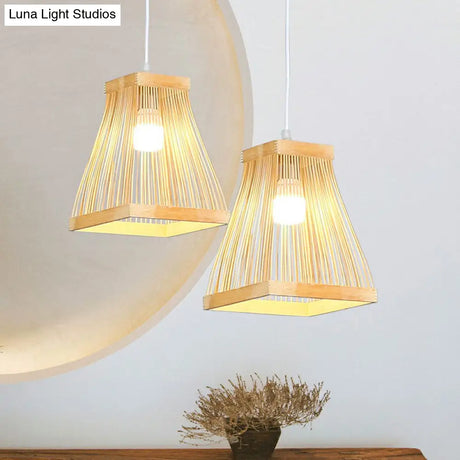 Nordic Style Trapezoid Bamboo Bedside Pendant Lamp - Wood Finish 1 Bulb