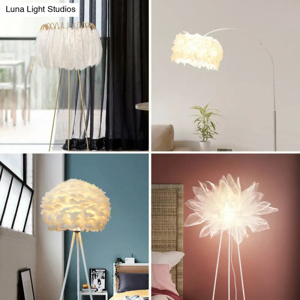 Nordic Style Tripod Floor Lamp With Feather Shade Metal Stand White