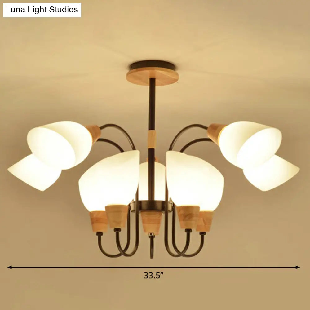 Nordic Style Tulip Chandelier - Cream Glass Pendant Light In Black & Wood 8 /