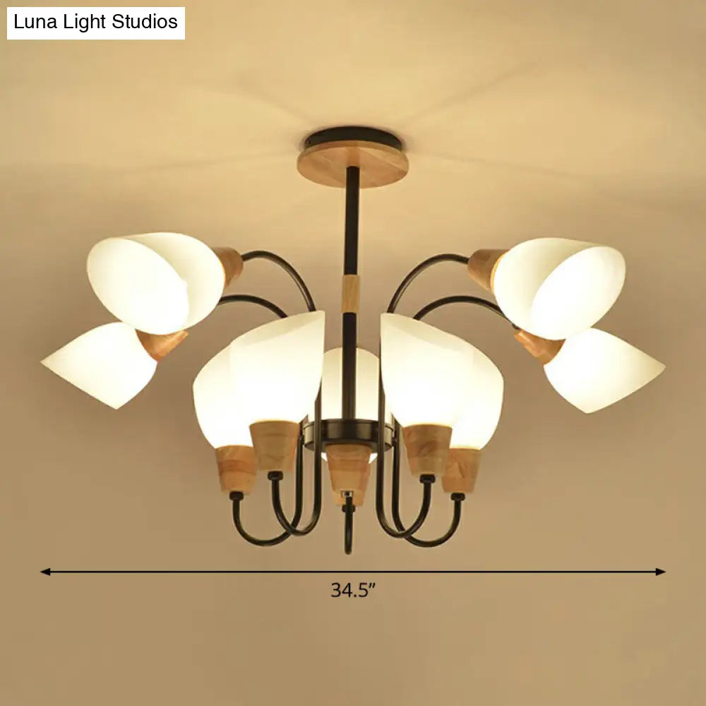 Nordic Style Tulip Chandelier - Cream Glass Pendant Light In Black & Wood 10 /