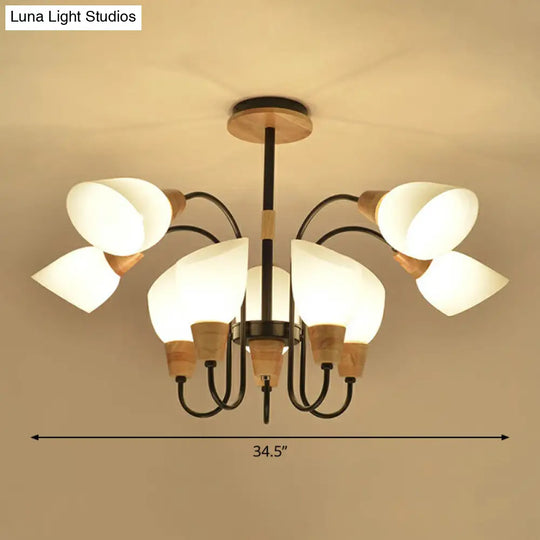 Nordic Style Tulip Chandelier - Cream Glass Pendant Light In Black & Wood 10 /