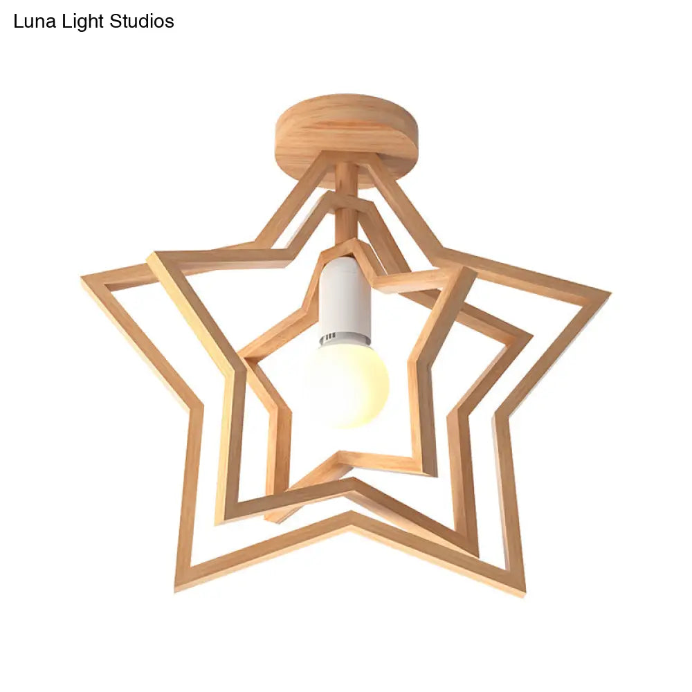 Nordic Style Wood Geometric Cage Flush Ceiling Light Fixture For Corridors