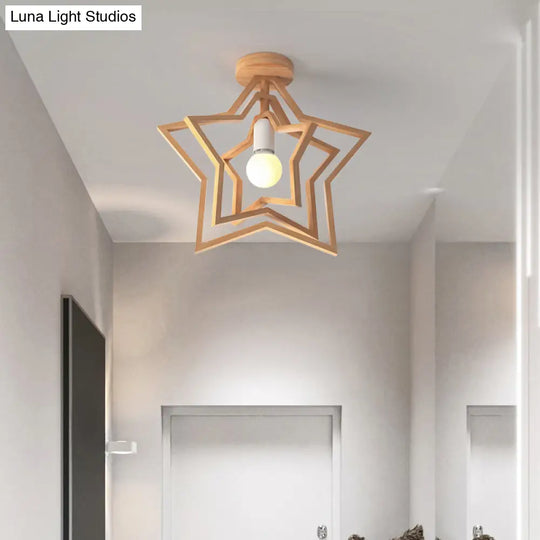 Nordic Style Wood Geometric Cage Flush Ceiling Light Fixture For Corridors