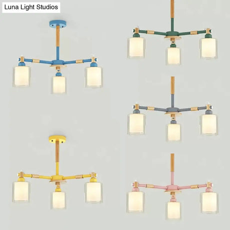 Nordic Style Wood & Glass Cylinder Chandelier With 3 Heads - Ideal Hanging Light For Hallway Or Kids