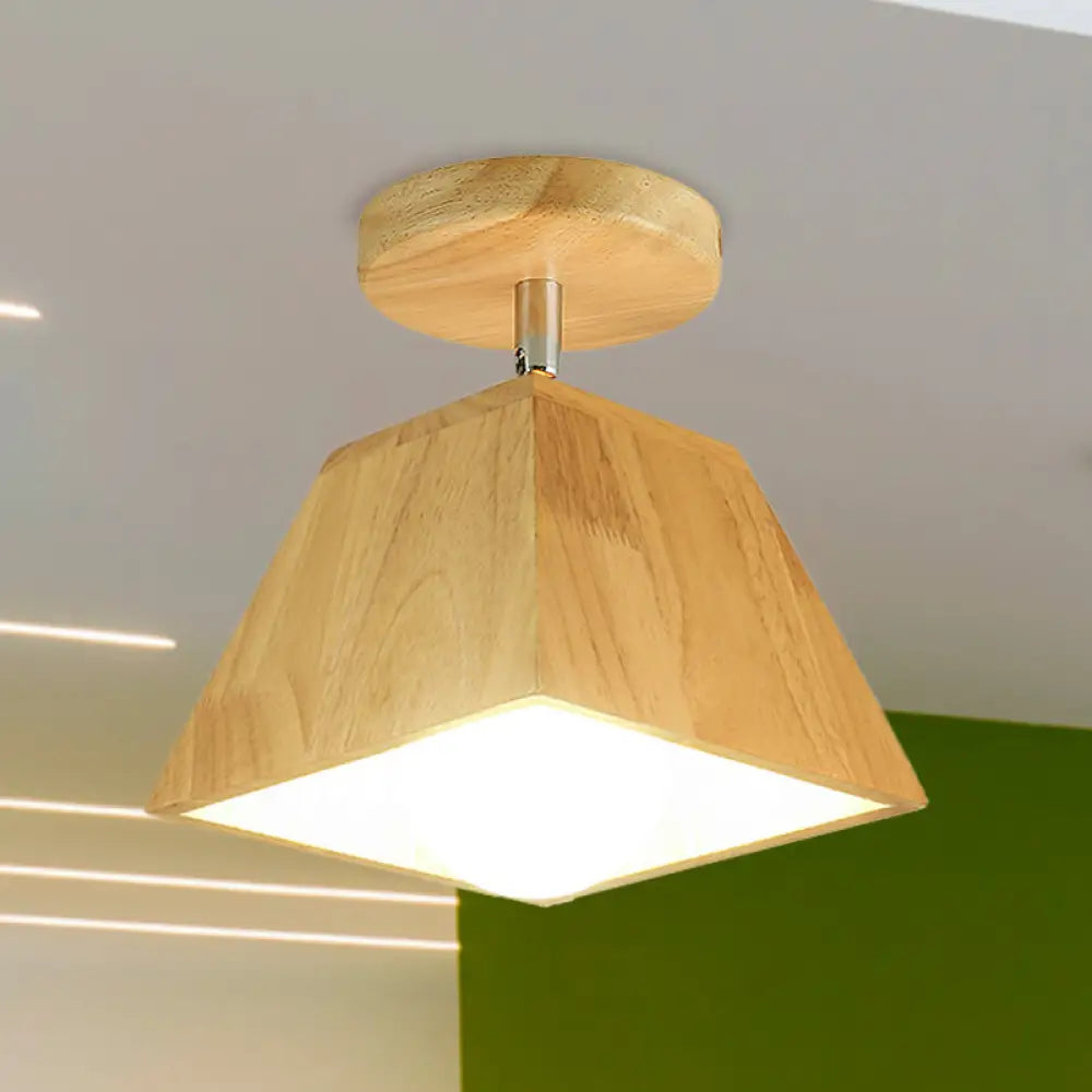 Nordic Style Wood Semi Flush Ceiling Mount Light With Trapezoid Shade - Corridor Lighting Fixture
