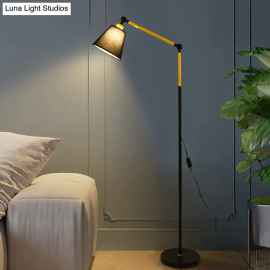 Nordic Swing Arm Wood Floor Reading Lamp With Cone Fabric Shade - Black/White