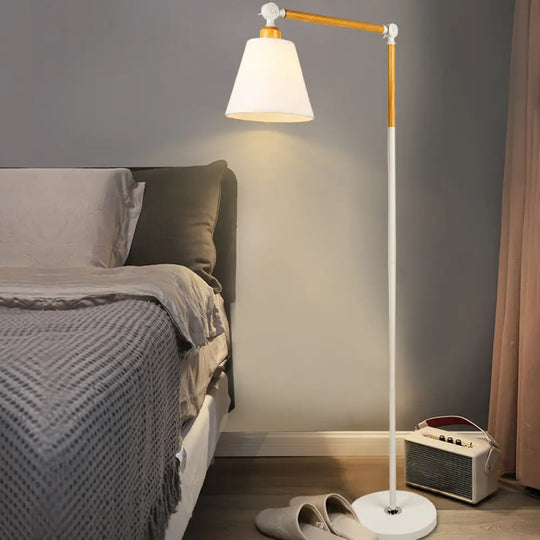 Nordic Swing Arm Wood Floor Reading Lamp With Cone Fabric Shade - Black/White White