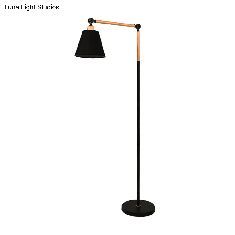 Nordic Swing Arm Wood Floor Reading Lamp With Cone Fabric Shade - Black/White
