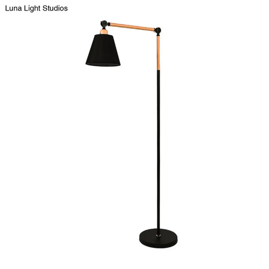 Nordic Swing Arm Wood Floor Reading Lamp With Cone Fabric Shade - Black/White