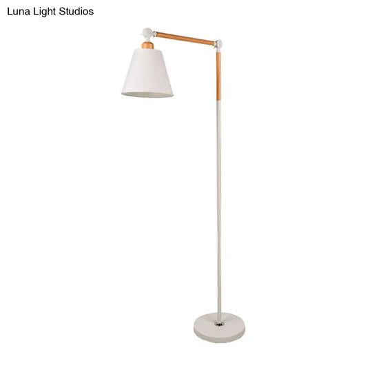 Nordic Swing Arm Wood Floor Reading Lamp With Cone Fabric Shade - Black/White