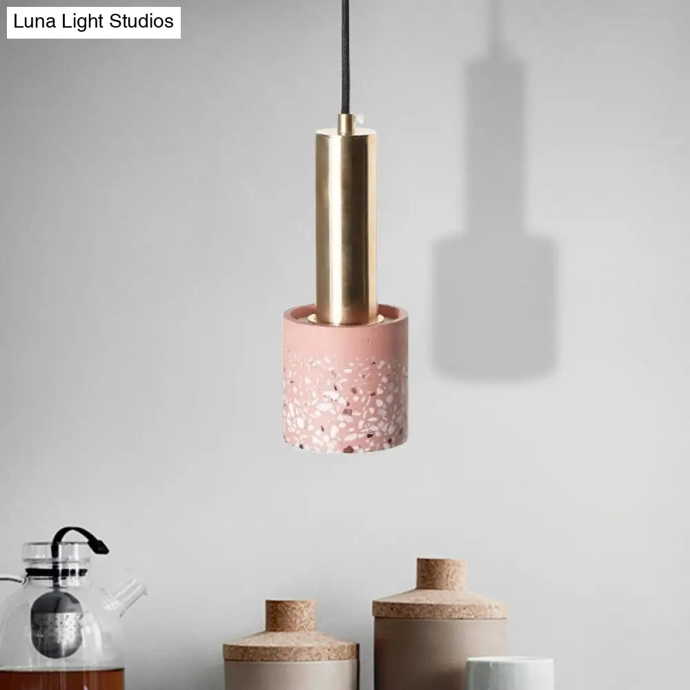 Nordic Terrazzo 1-Light Cylinder Hanging Light For Bedroom Ceiling - White/Black/Pink With Tube