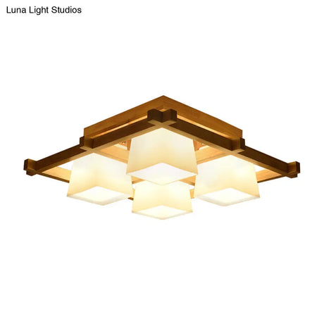 Nordic Trapezoid Flush Mount Opal Glass Living Room Fixture In Wood