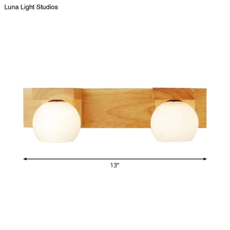 Nordic Wall Mount Sconce: Wood Vanity Lamp With Opal Glass Shade - 2/3 Heads