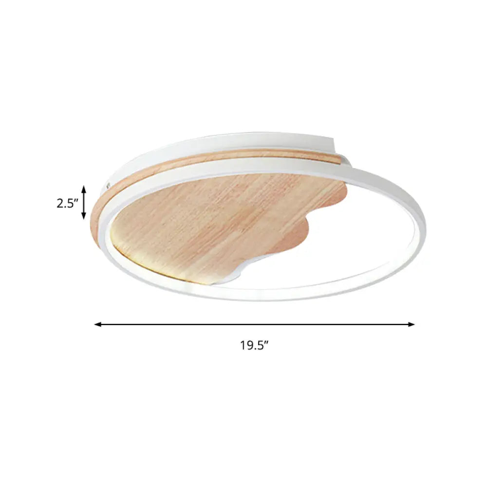 Nordic Wave Flush Ceiling Light With Wood Ring - White Fixture For Study Room