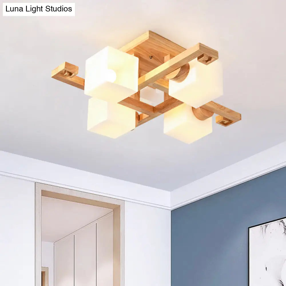 Nordic White Glass Cube Semi Flush Mount Ceiling Light With Wooden Canopy 4 /