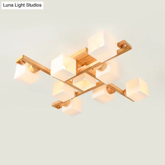 Nordic White Glass Cube Semi Flush Mount Ceiling Light With Wooden Canopy