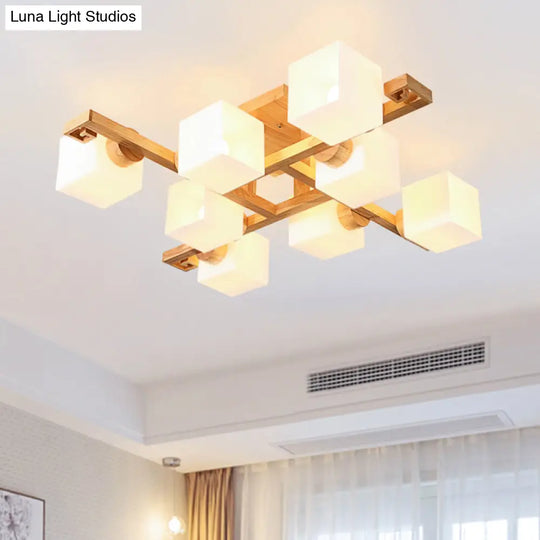 Nordic White Glass Cube Semi Flush Mount Ceiling Light With Wooden Canopy 8 /