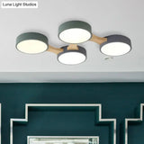 Nordic Wood And Metal Flush Ceiling Light - Round Grey Shade 3/4/5 Lights Ideal For Bedroom
