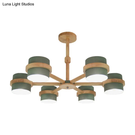 Nordic Wood Cylinder Chandelier - 6-Light Ceiling Pendant For Foyer And Cloth Shop
