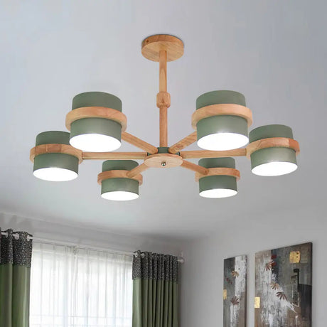 Nordic Wood Cylinder Chandelier - 6-Light Ceiling Pendant For Foyer And Cloth Shop Green
