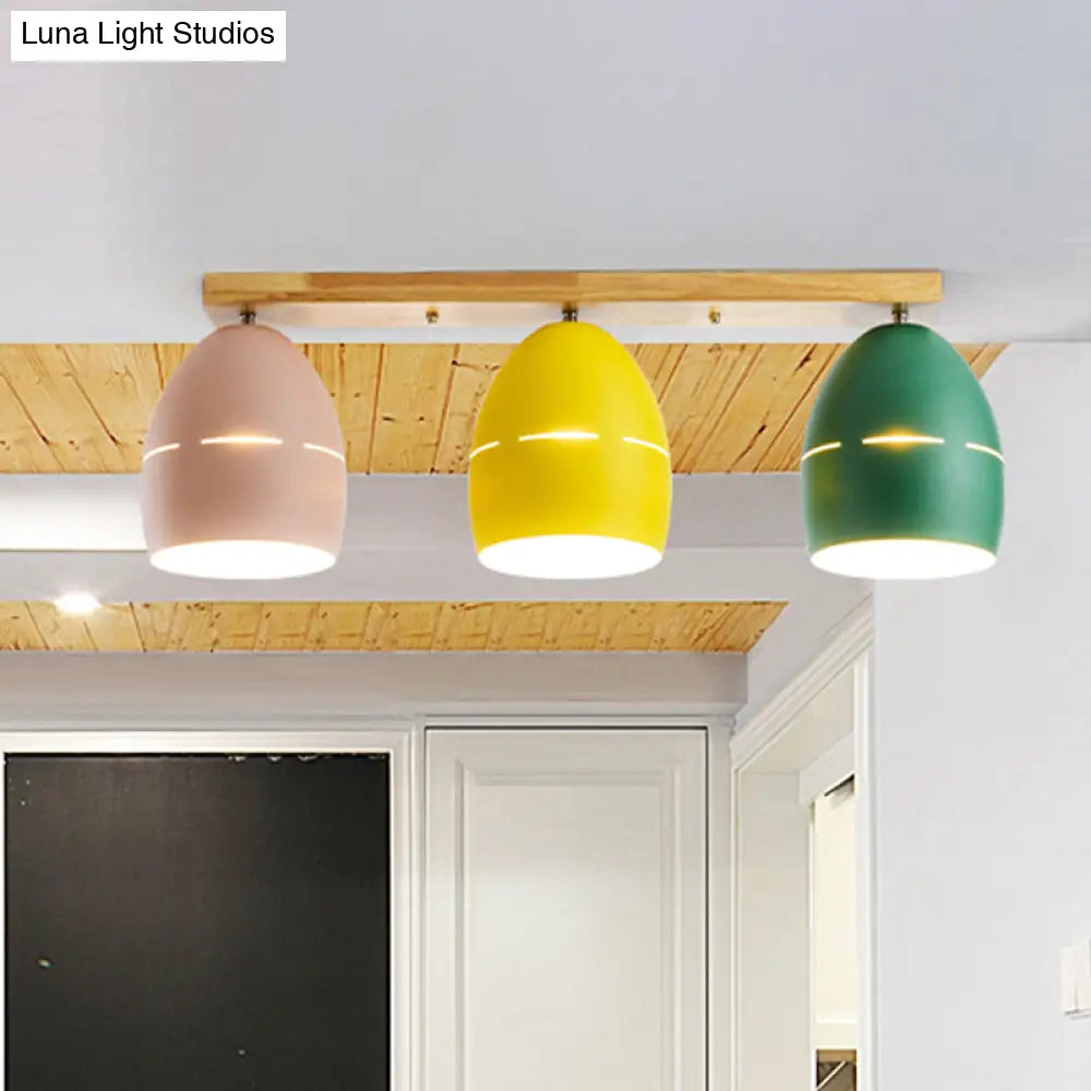 Nordic Wood Finish Linear Semi-Flushmount Light: 3 Lights And Oval Metal Shade