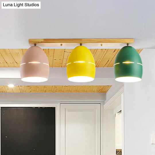 Nordic Wood Finish Linear Semi-Flushmount Light: 3 Lights And Oval Metal Shade