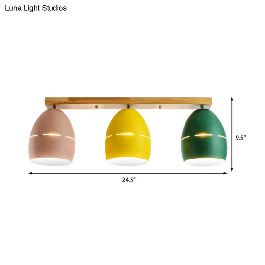 Nordic Wood Finish Linear Semi-Flushmount Light: 3 Lights And Oval Metal Shade