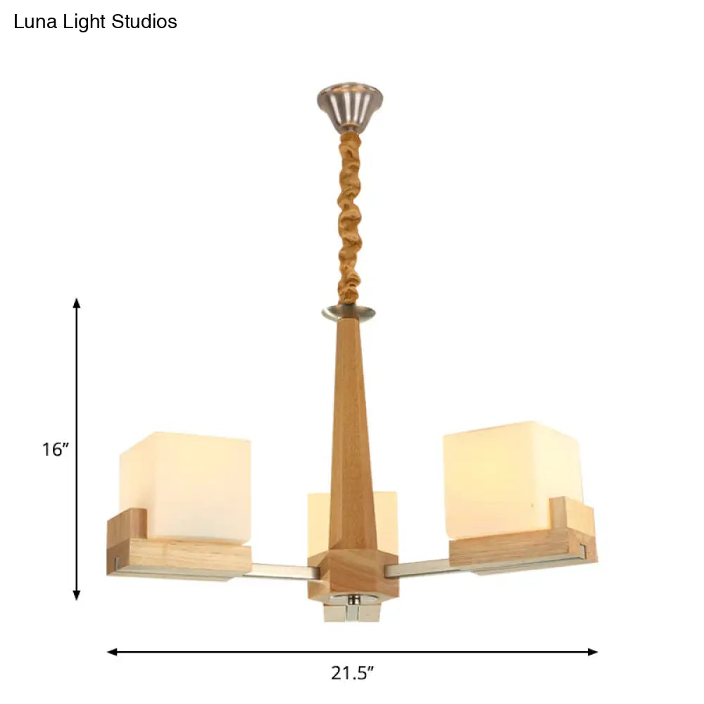 Wooden Nordic Chandelier With Glass Cube Shades - 3/5/8 Heads Ceiling Lamp For Living Room Lighting