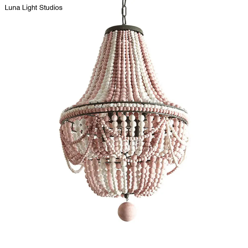 Nordic Wood Laser Cut Empire Chandelier - Pink/Blue 8 Heads Pendant Light Fixture With Spherical